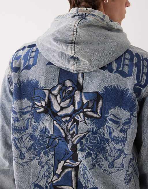 Ed Hardy flaming cross denim zip up jacket in bleach | ASOS