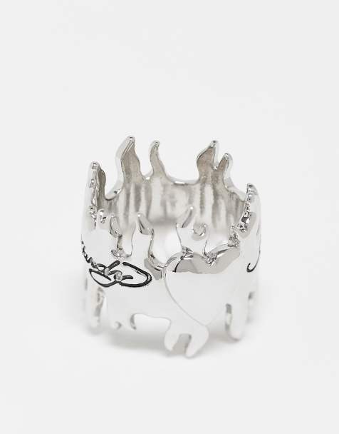 Ed Hardy flaming heart band ring in silver - view 1