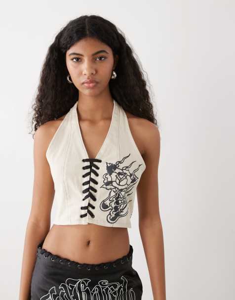 Ed Hardy flaming rose braided denim corset in ecru - view 1