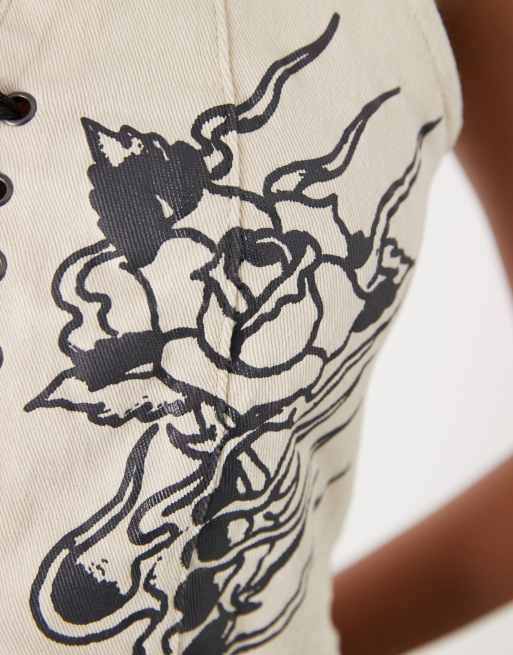 Ed Hardy flaming rose braided denim corset in ecru, 3 of 4