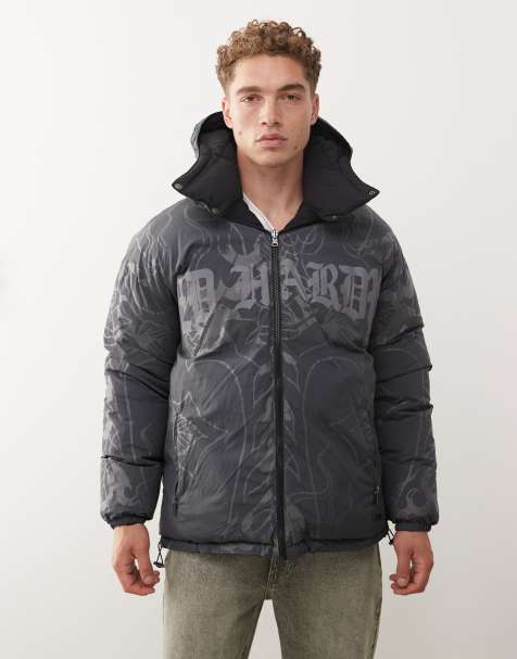Ed Hardy flaming rose outline reversible puffer coat in black and grey - view 1