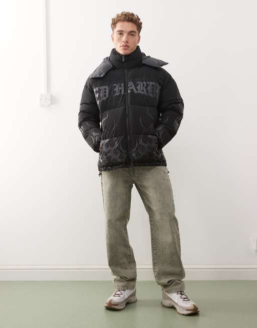 Ed Hardy flaming rose outline reversible puffer coat in black and