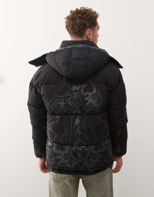 Ed Hardy flaming rose outline reversible puffer coat in black and