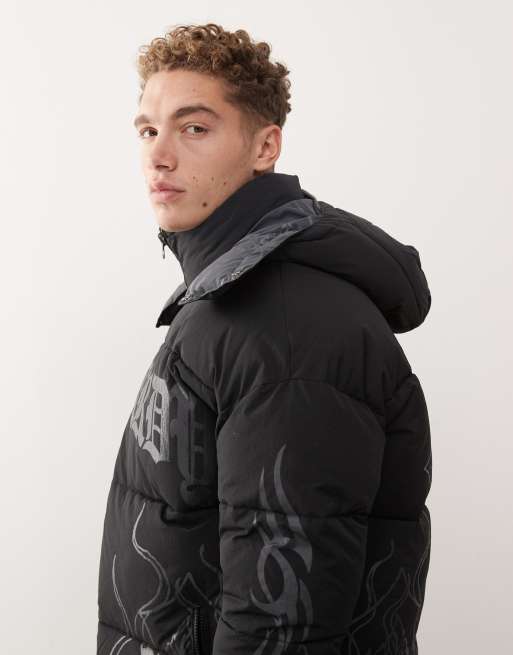 Ed Hardy flaming rose outline reversible puffer coat in black and