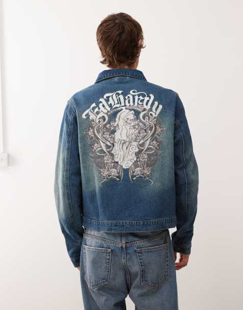 Ed Hardy flaming skull denim jacket in indigo - view 1