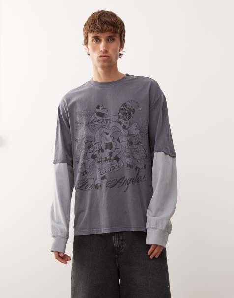 Ed Hardy floral glory skull long sleeve t-shirt in charcoal grey