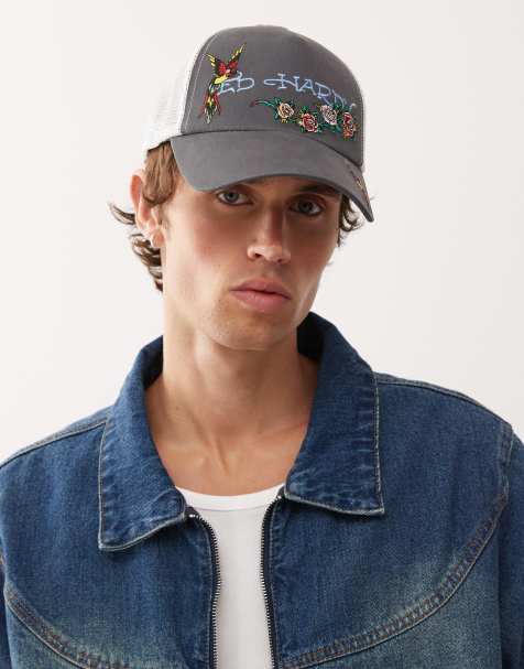 Ed Hardy floral swallow 5 panel trucker cap in charcoal - view 1