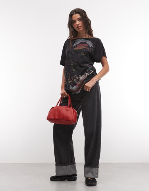 Ed Hardy flying cranes off shoulder t-shirt in black, 2 of 4