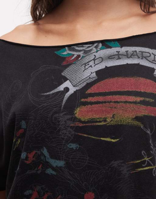 Ed Hardy flying cranes off shoulder t-shirt in black, 3 of 4