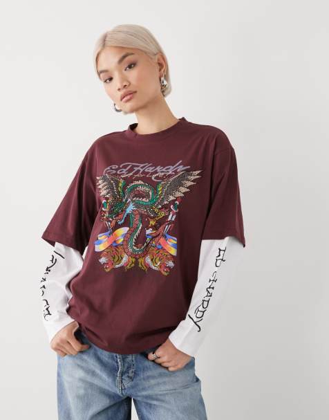 Ed Hardy flying dragon double layer t-shirt in red - view 1
