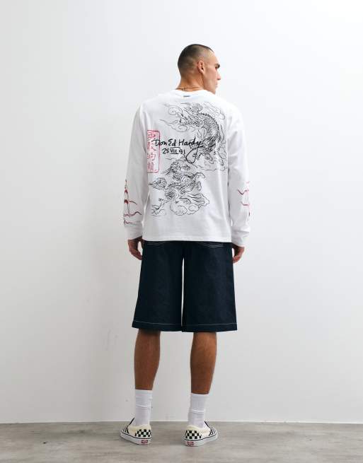 Ed Hardy flying dragon T-shirt met lange mouwen in wit, 3 van 5