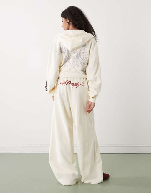 Ed Hardy flying eagle wide leg joggers in ecru co-ord, 3 of 5
