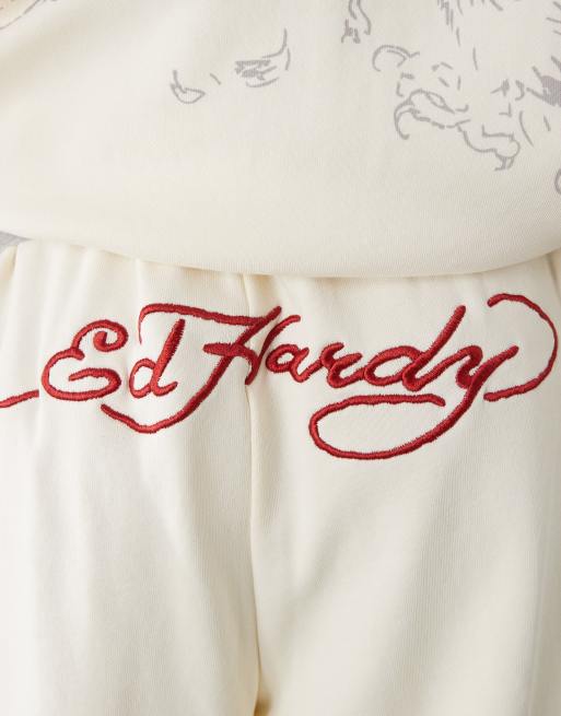 Ed Hardy flying eagle wide leg joggers in ecru co-ord, 5 of 5