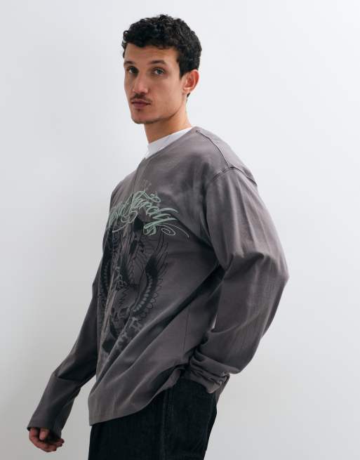 Ed Hardy Flying Skills t-shirt manches longues décontracté gris, 4 de 5