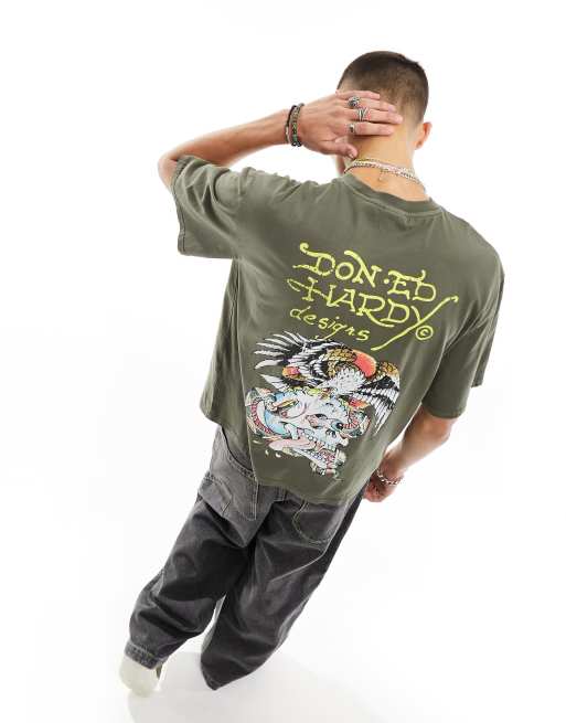 Ed Hardy front logo khaki t-shirt with eagle skull back graphic