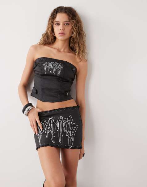 Ed Hardy gothic drip braided denim mini skirt in distressed black co-ord - view 1