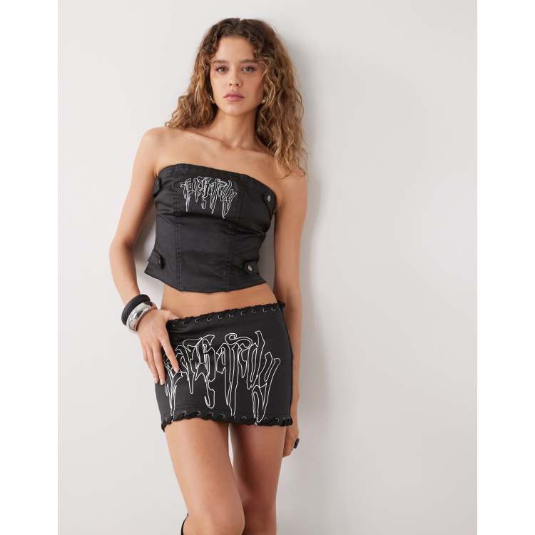 Ed Hardy gothic drip braided denim mini skirt in distressed black