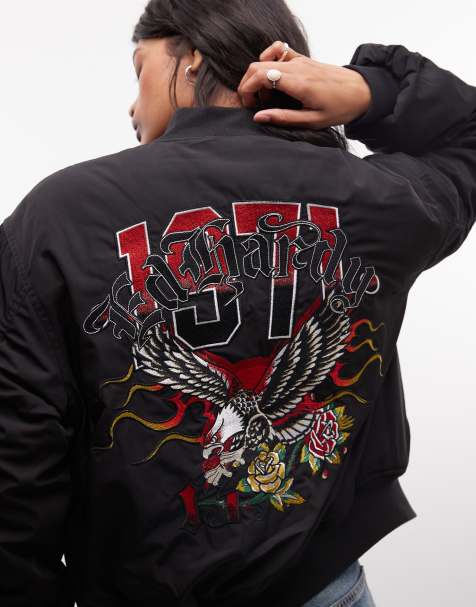 Ed Hardy gothic flaming eagle ruched sleeve bomber jacker in black - view 1