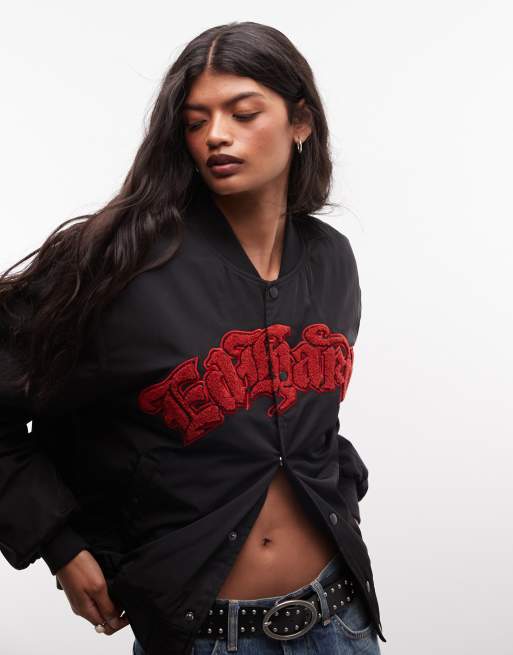 Ed Hardy gothic flaming eagle ruched sleeve bomber jacker in black, 2 of 4
