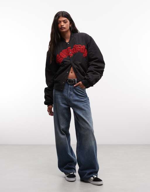 Ed Hardy gothic flaming eagle ruched sleeve bomber jacker in black, 3 of 4