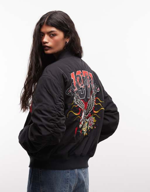 Ed Hardy gothic flaming eagle ruched sleeve bomber jacker in black, 4 of 4