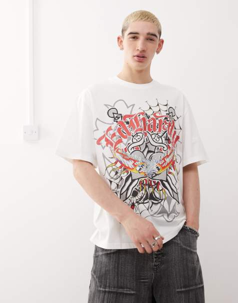 Ed Hardy gothic lightning eagle diamante t-shirt in white