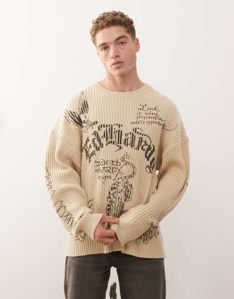 Ed Hardy gothic ribbed knitted crew jumper in beige