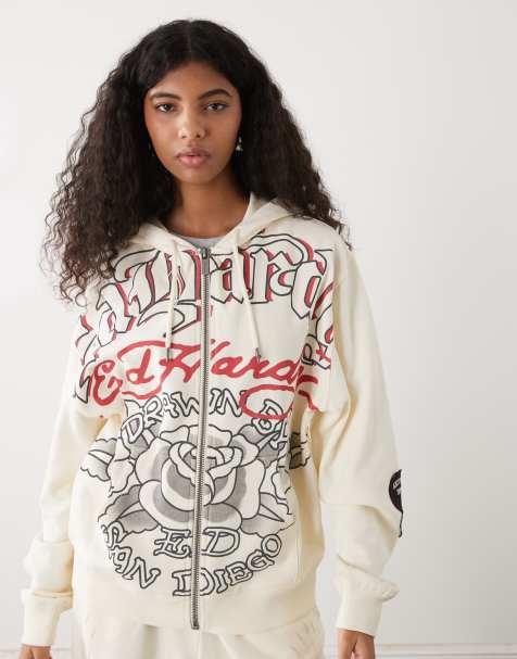 Ed Hardy gothic roses zip through hoodie in ecru co-ord - view 1