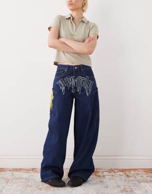 Ed Hardy Gothic Skull Relaxed Balloon Jeans In Blue