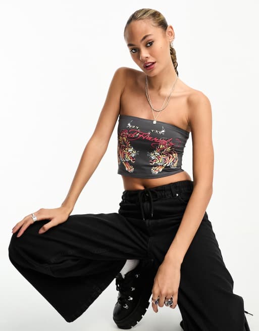 Ed Hardy – Grå crop top med tigertryck i bandeau-modell