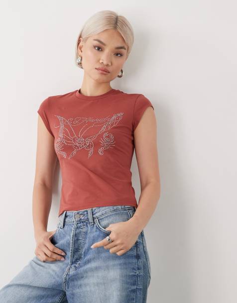 Ed Hardy graphic diamante cap sleeve t-shirt in red - view 1