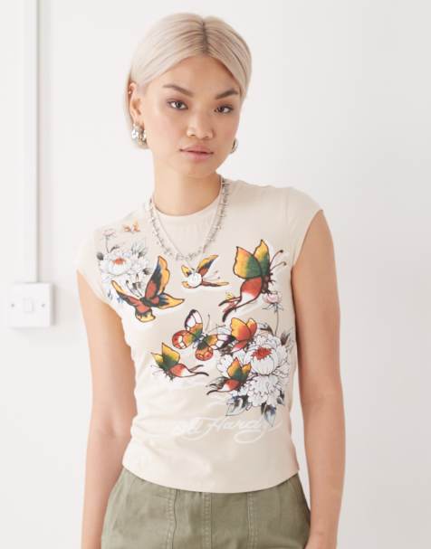 Ed Hardy graphic floral baby tee in sand - view 1