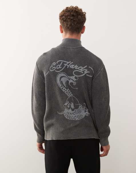 Ed Hardy graphic zip through knit jumper in charcoal