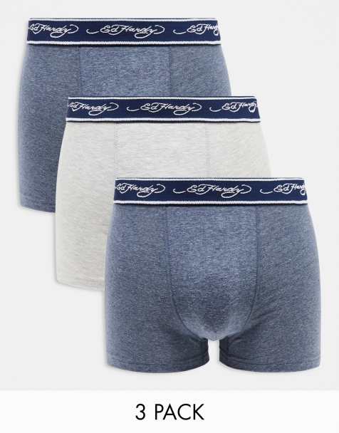 Ed Hardy Hixam 3 pack trunks in blue and grey