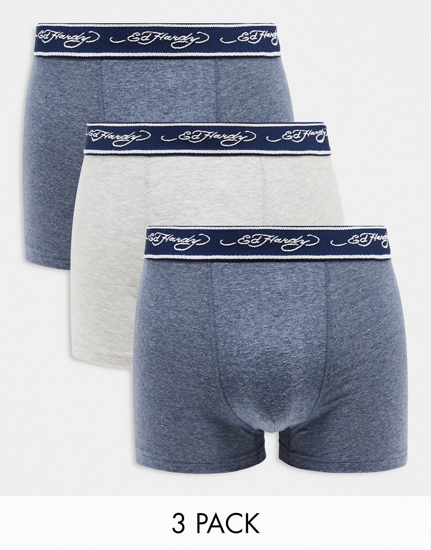 Ed Hardy Hixam 3 pack trunks in blue and grey-Navy