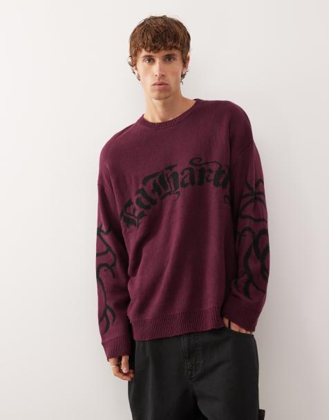 Ed Hardy intarsia drag and tattoo knitted crew jumper in dark purple