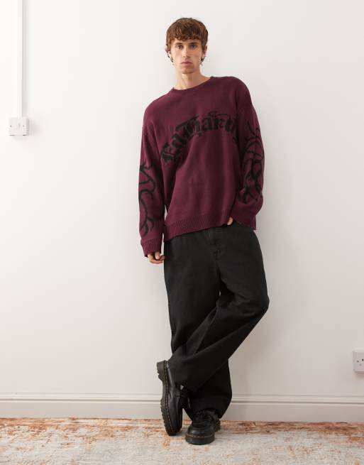 Ed Hardy intarsia drag and tattoo knitted crew jumper in dark purple, 2 of 5