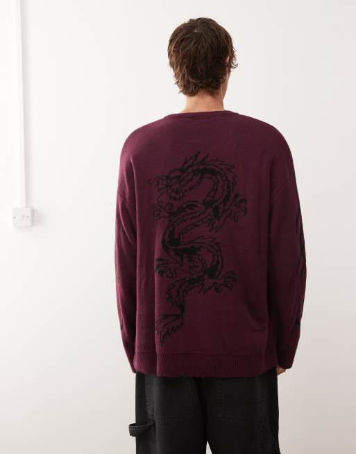 Ed Hardy intarsia drag and tattoo knitted crew jumper in dark purple, 3 of 5