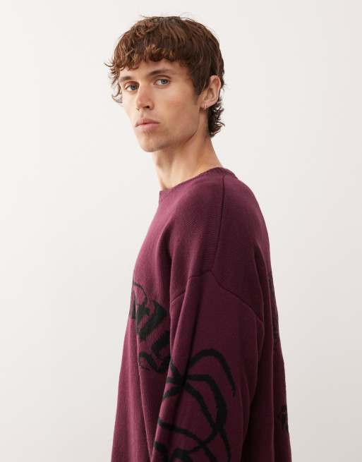Ed Hardy intarsia drag and tattoo knitted crew jumper in dark purple, 4 of 5