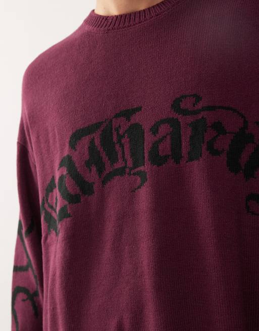 Ed Hardy intarsia drag and tattoo knitted crew jumper in dark purple, 5 of 5