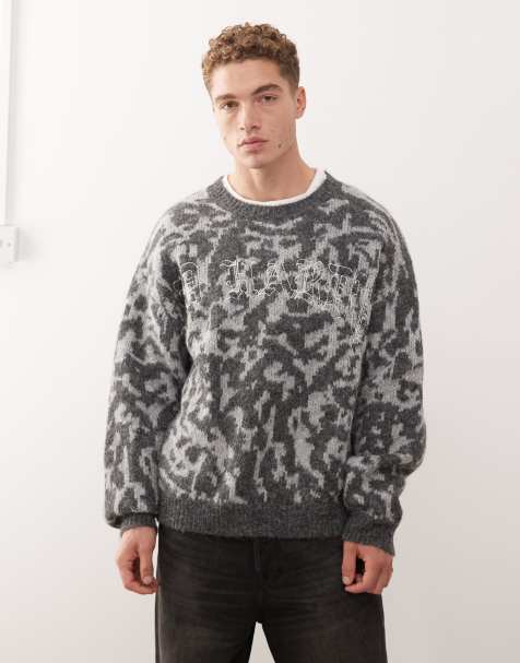 Ed Hardy intarsia leopard knitted crew jumper in grey