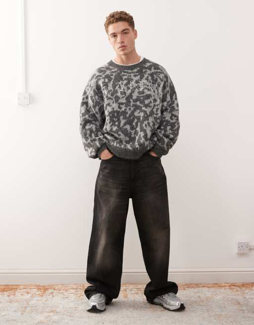 Ed Hardy intarsia leopard knitted crew jumper in grey, 2 of 5