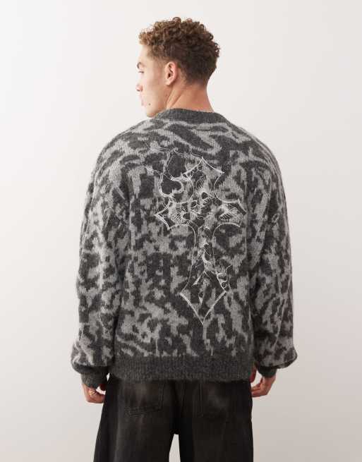 Ed Hardy intarsia leopard knitted crew jumper in grey, 3 of 5