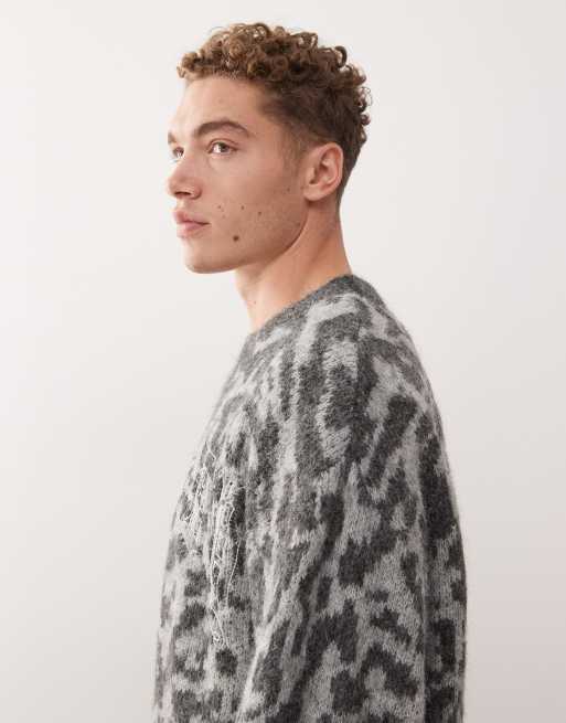 Ed Hardy intarsia leopard knitted crew jumper in grey, 4 of 5