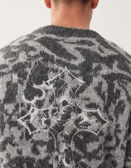 Ed Hardy intarsia leopard knitted crew jumper in grey, 5 of 5