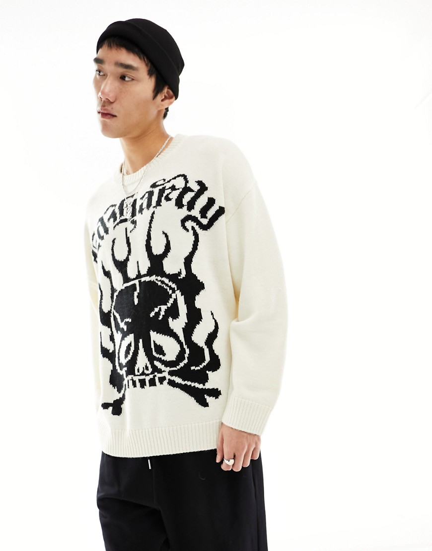 Ed Hardy jaquard knit jumper with contrast gothic logo and skull print-White