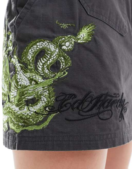 Ed Hardy - Jupe cargo en sergé avec broderie dragon vert, 2 de 5