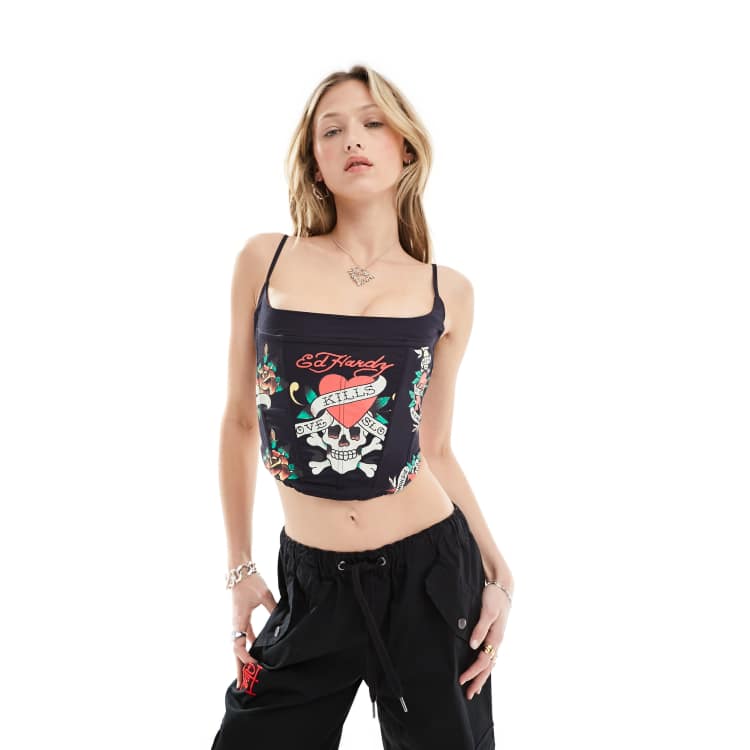 Ed Hardy lace back square neck corset top in skull print | ASOS