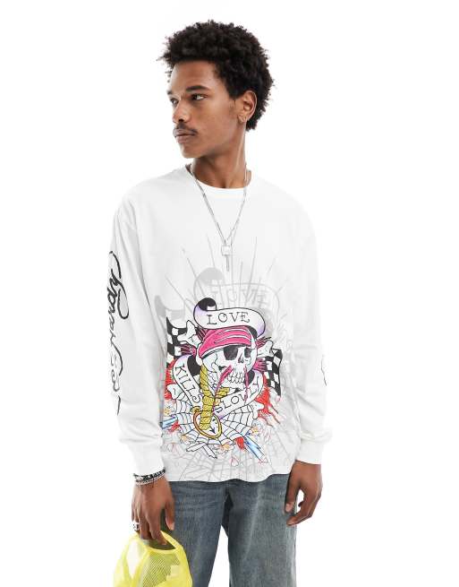 Ed Hardy – Langärmliges Skater-T-Shirt in Weiß mit verschiedenen Grafikprints, 2 von 4