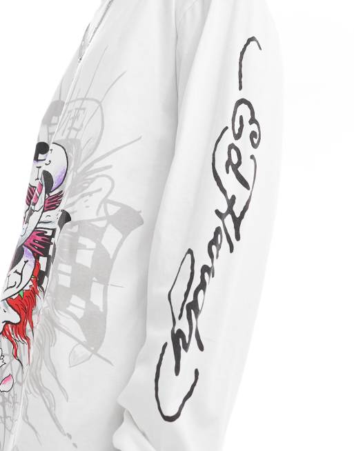 Ed Hardy – Langärmliges Skater-T-Shirt in Weiß mit verschiedenen Grafikprints, 3 von 4